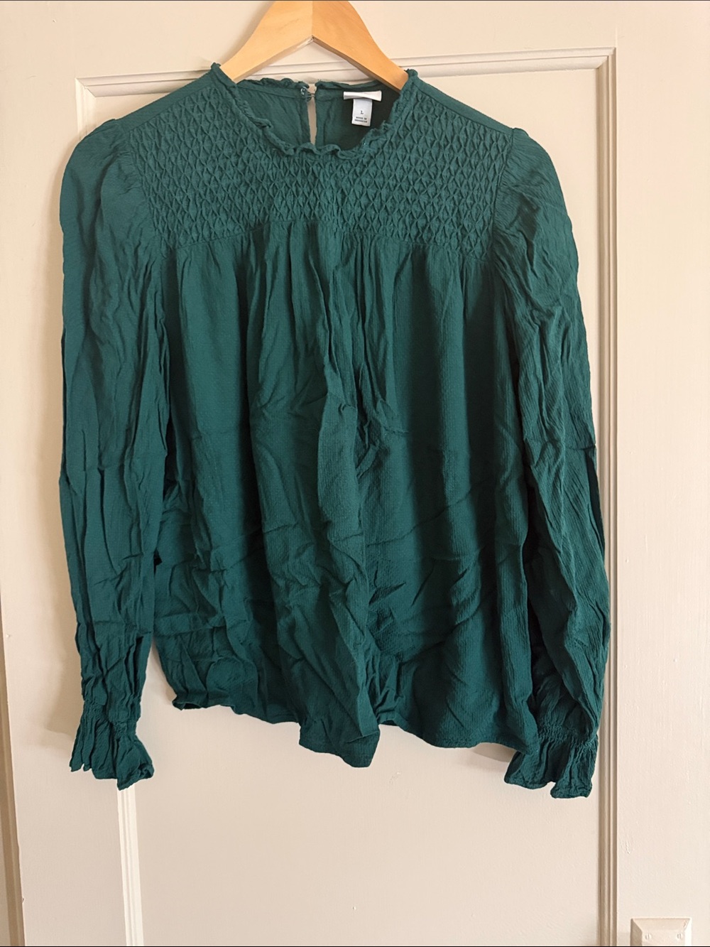 Smocked Yoke Long-Sleeve Blouse - Dark Green